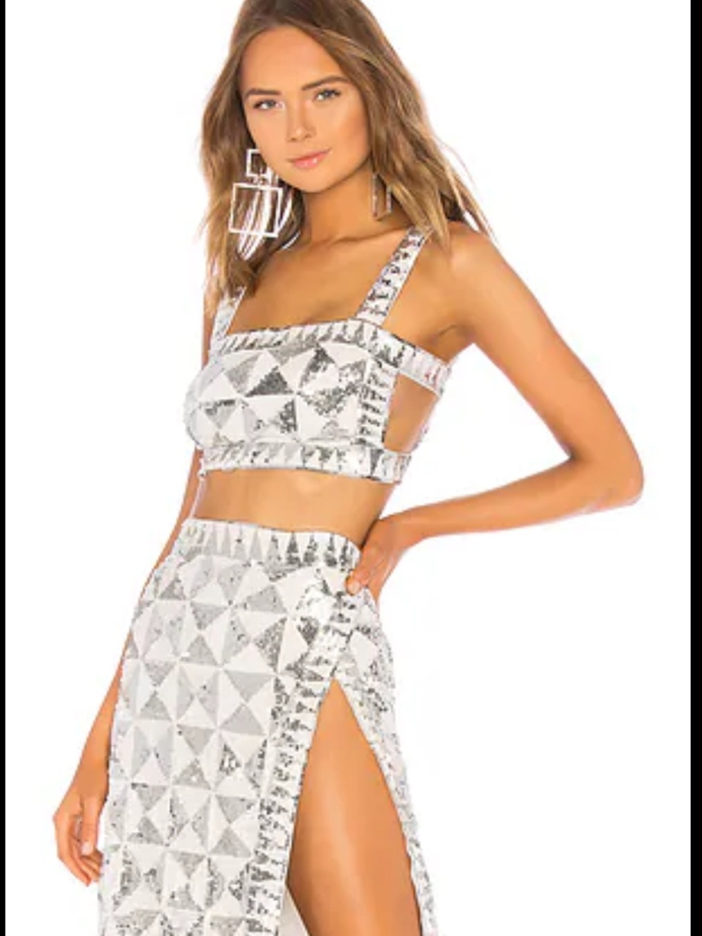 NWT X by NBD Levi Sequin Top & Midi Skirt Set Silver and White Size Small